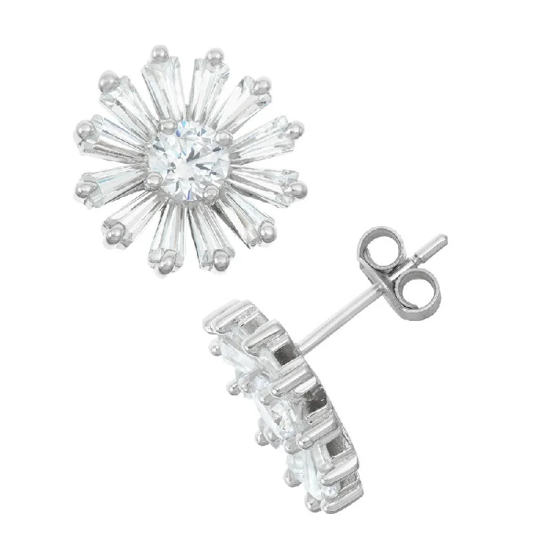 Sterling Silver Baguette CZ Daisy Stud Earrings