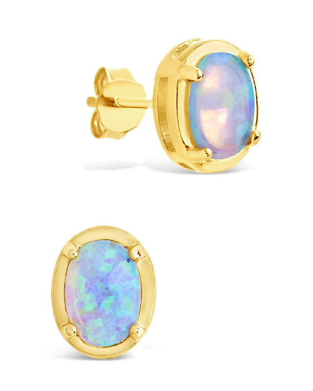 Sterling Silver Blue Opal Oval Stud Earrings