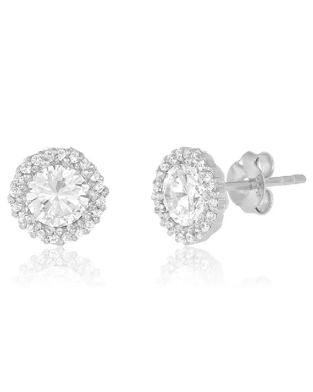 Sterling Silver CZ Halo Stud Earrings