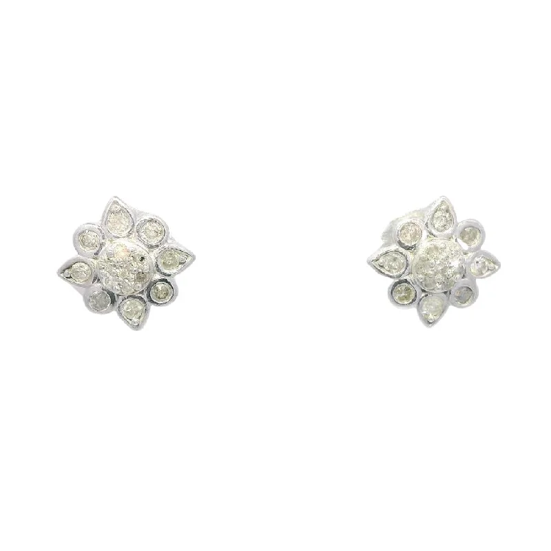 Sterling Silver Flower Natural Diamonds Earrings