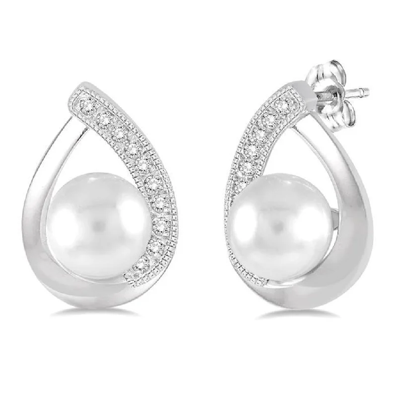 Sterling Silver Pearl And Diamond Earrings