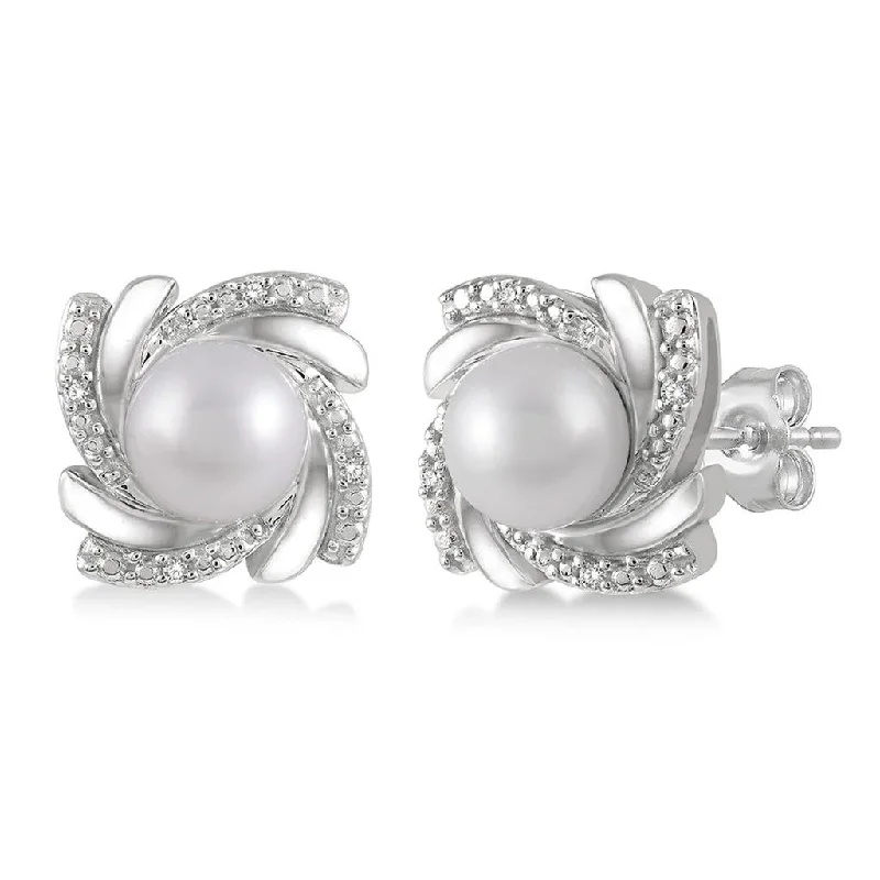 Sterling Silver Swirl Round Pearl And Diamond Earrings