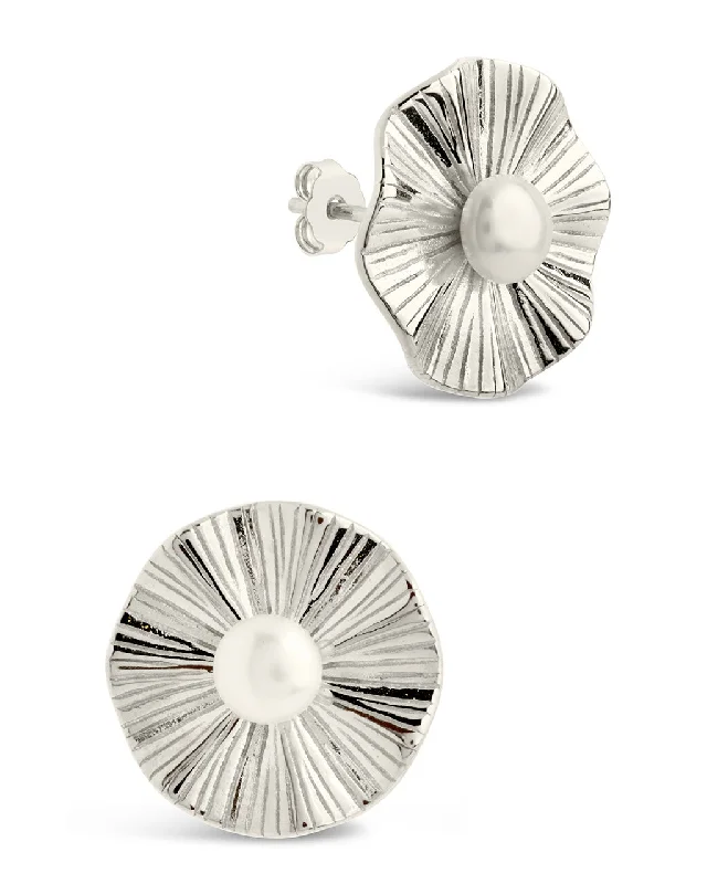 Sterling Silver Textured Disk & Pearl Stud Earrings