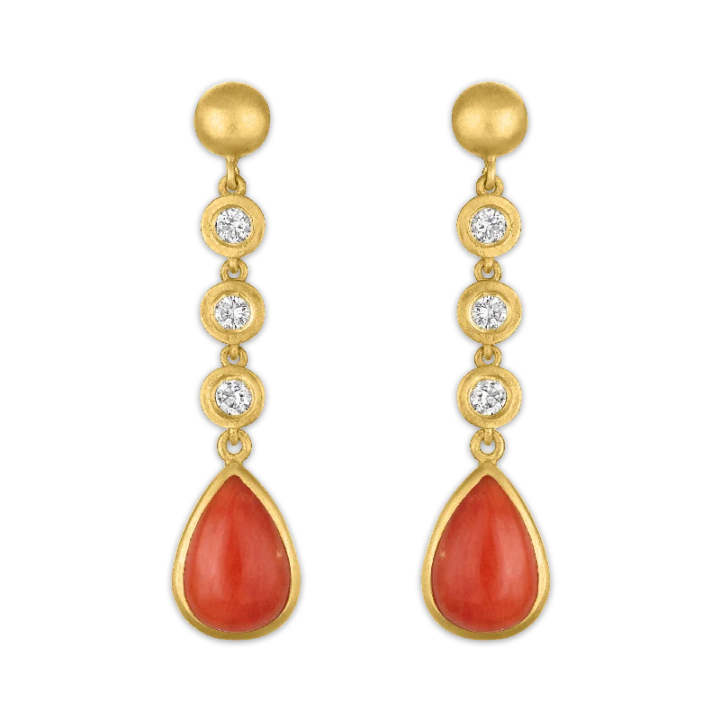 Three Diamond and Antique Coral Chime Earrings