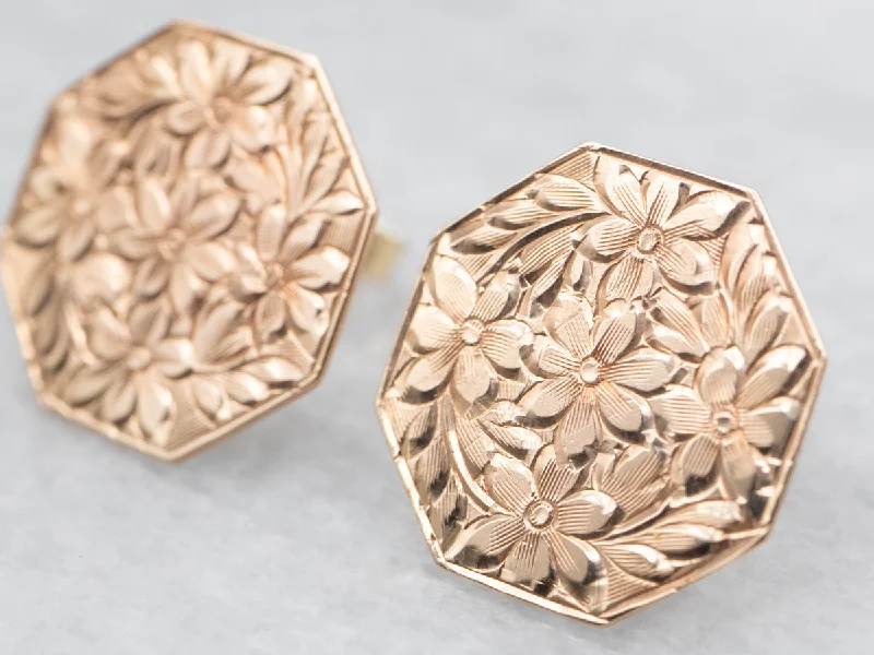 Beautiful Antique Cufflink Conversion Floral Stud Earrings