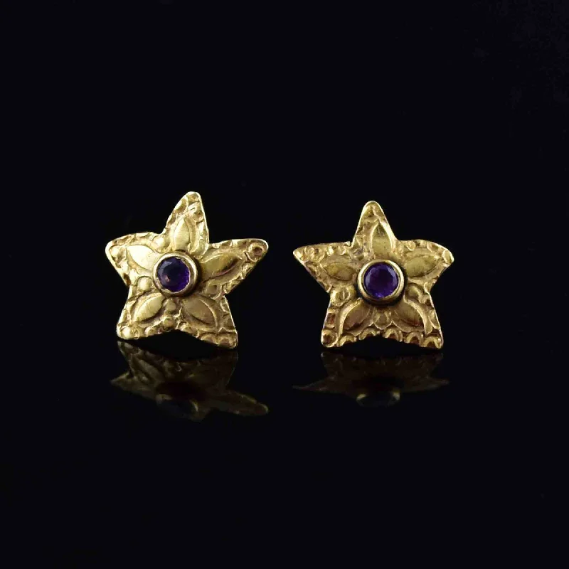 Vintage 14K Gold Star Amethyst Stud Earrings