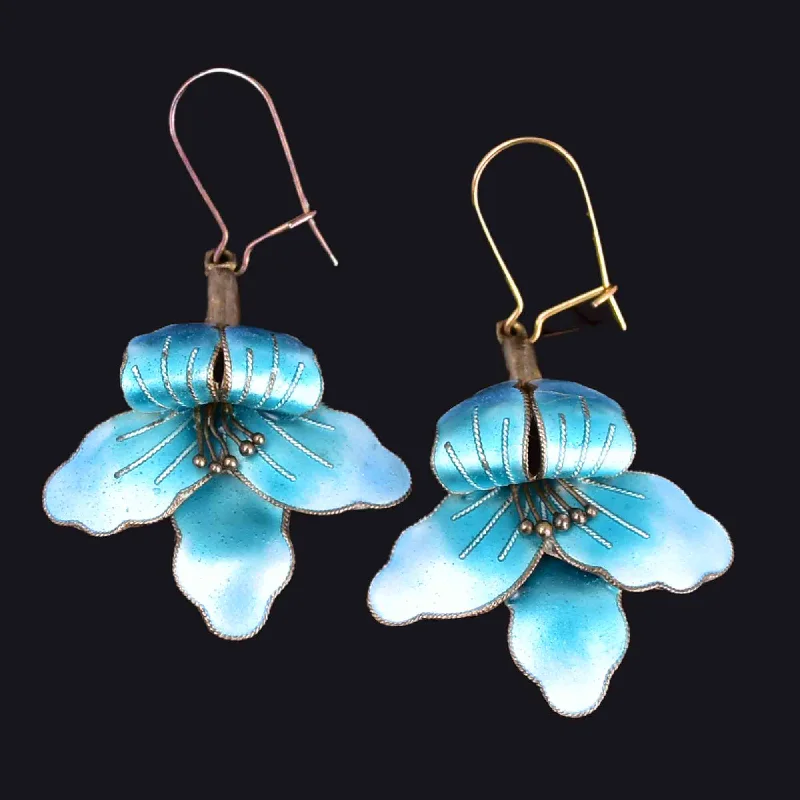 Vintage Art Nouveau Style Laurel Burch Orchid Enamel Earrings