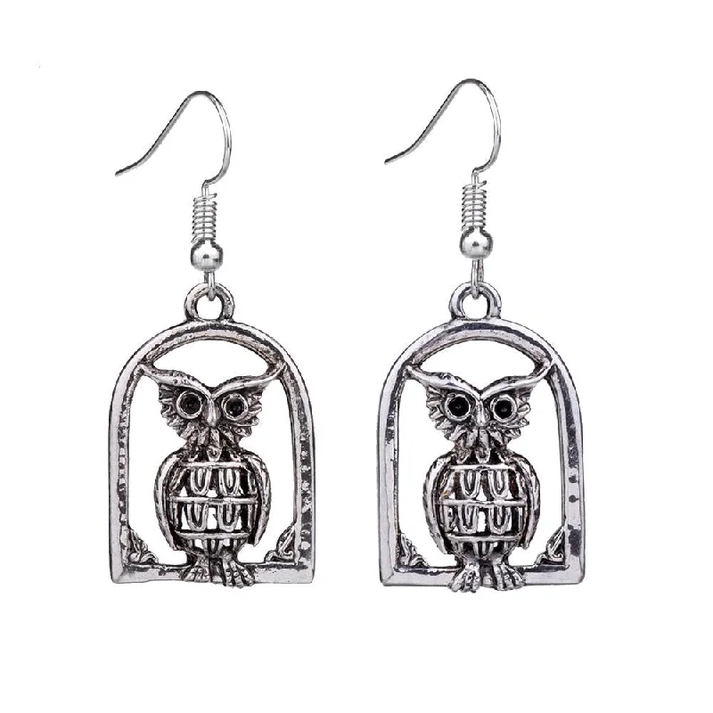 Vintage Owl Drop Dangle Silver Retro Earrings-Owl Vintage Earrings