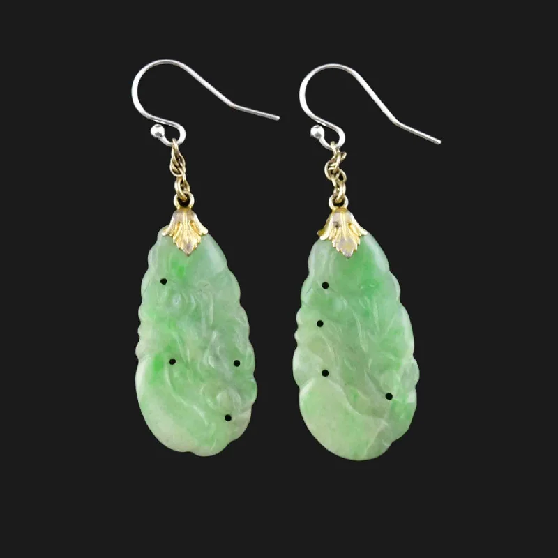 Vintage Silver Carved Pierced Jade Chandelier Earrings