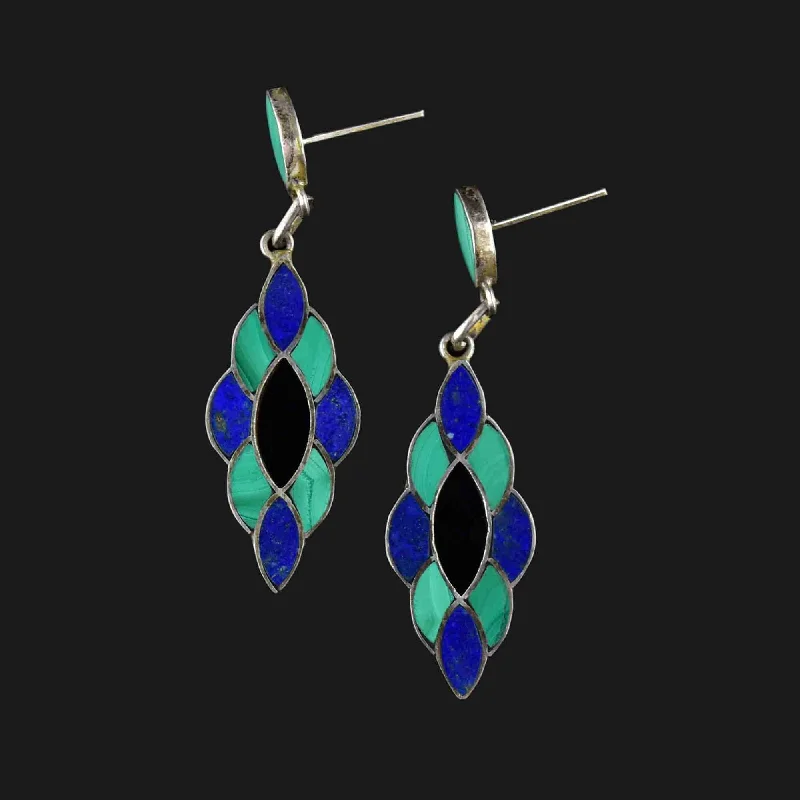 Vintage Silver Lapis Lazuli Malachite Chandelier Earrings