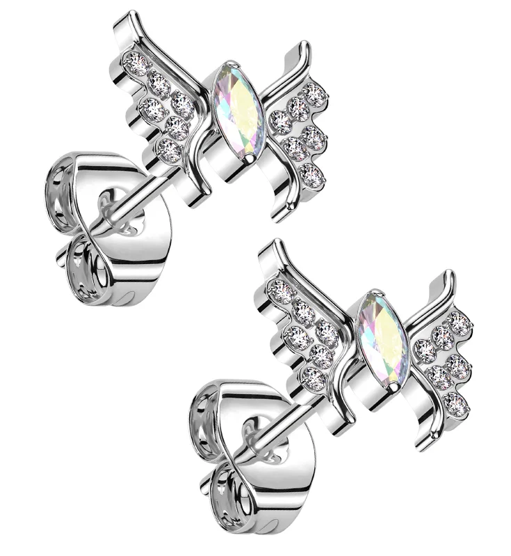 Wings Rainbow Aurora CZ Titanium Threadless Stud Earrings