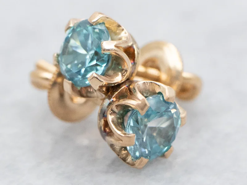 Screwback Blue Zircon Stud Earrings in Gold Buttercup Setting