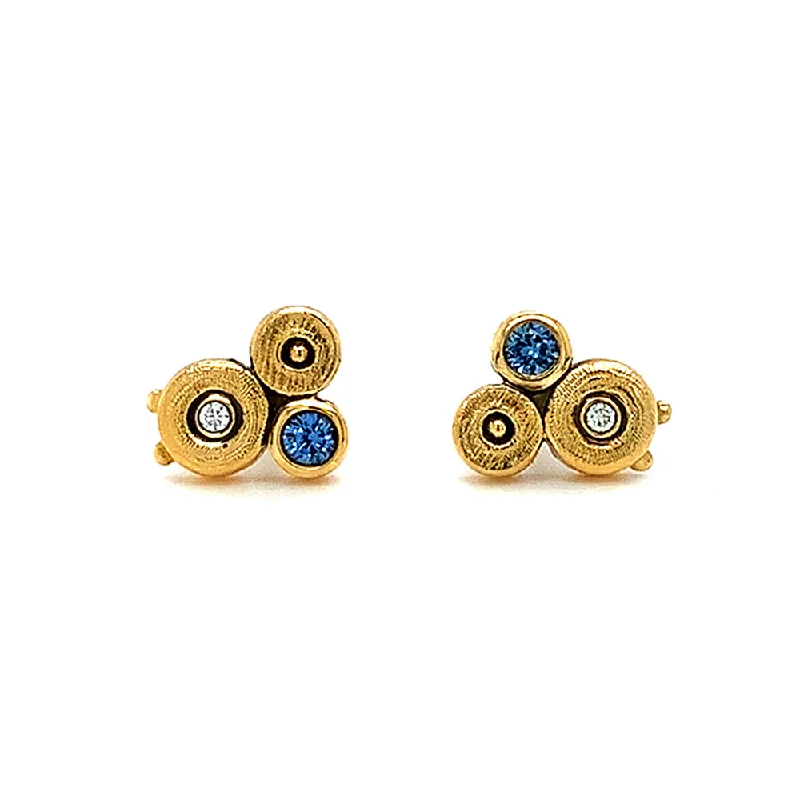 Yogo Sapphire & Diamond Yellow Gold Stud Earrings - "Ocean"