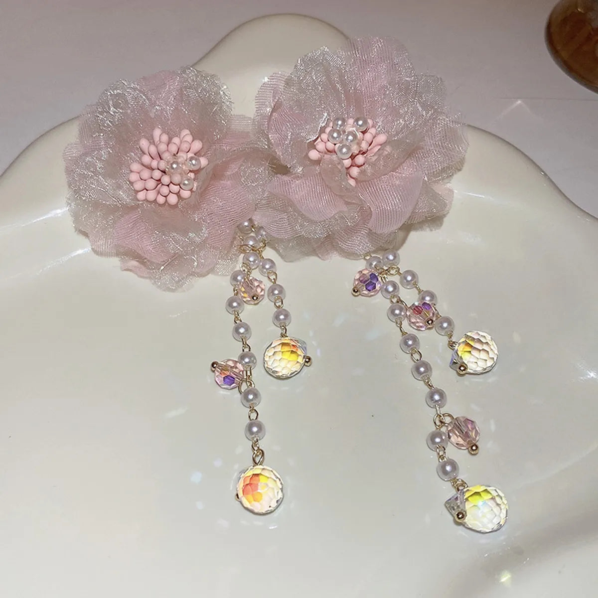 5# Silver Needle-Pink Mesh Flower Pearl