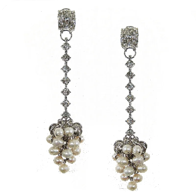 #1029e Silver Tone & Rhinestone Long Drop Earrings With Pearl Cluster