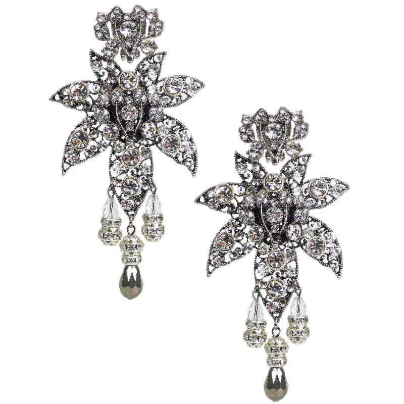 #1034e Statement Making Silver Tone Filigree & Rhinestone Drop Earrings