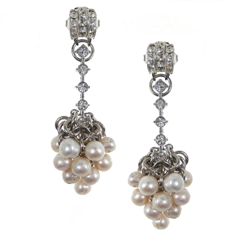 #1080e Silver Tone & Rhinestone Drop Earrings With Pearl Cluster