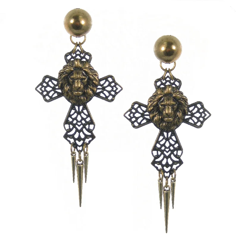 #1094e Old Gold Tone Filigree Cross Drop Earrings With Lion Head & Spikes