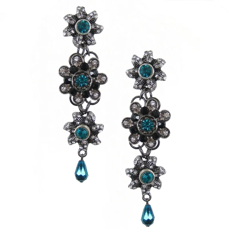 #1100e Silver Tone, Jet, Crystal & Aqua Floral Drop Earrings