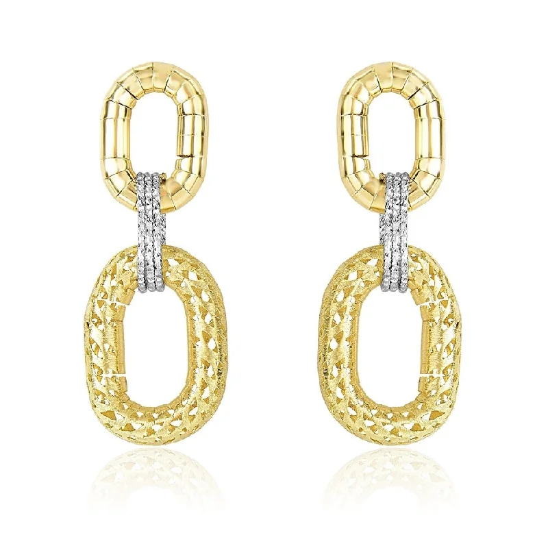 14k Two-Tone Gold Diamond Cut Texture Oval Shape Drop Earrings