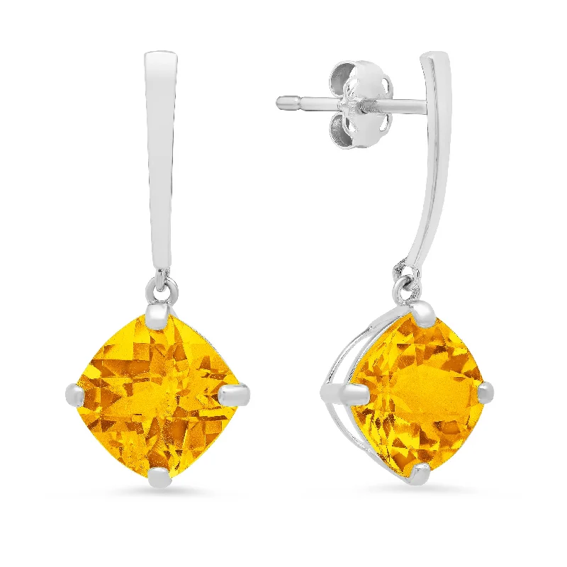 14k White Gold Solitaire Cushion-Cut Gemstone Drop Earrings (8mm)