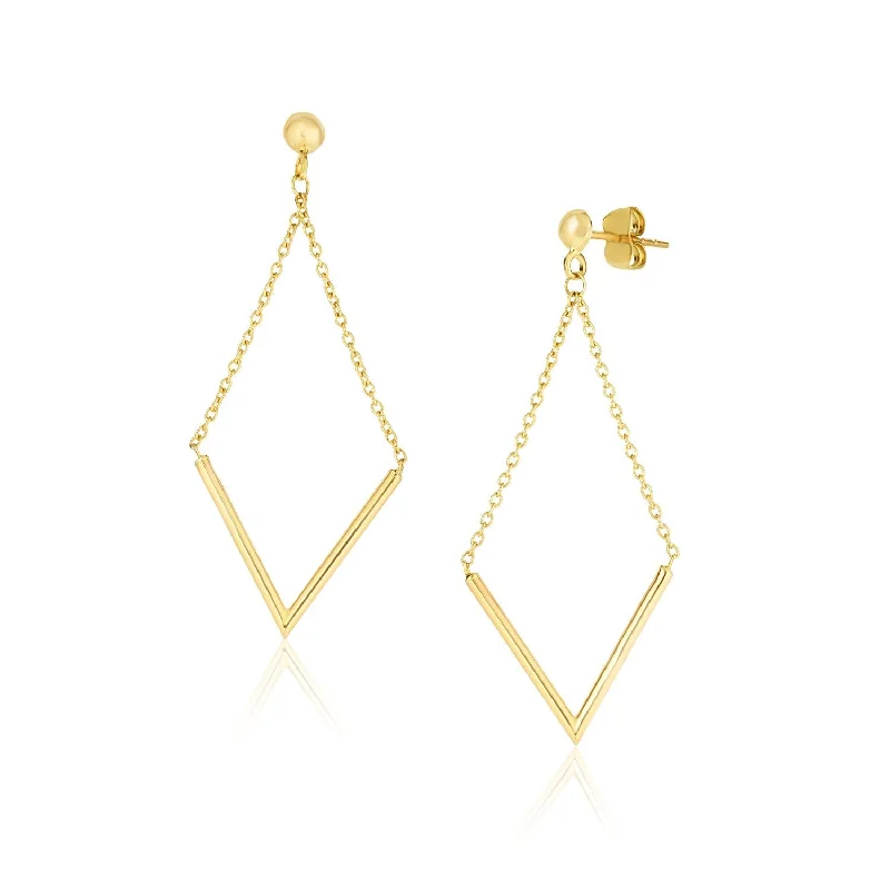 LOVCIA Luxury 14k Yellow Gold V-Shaped Bar Chain Drop Earrings