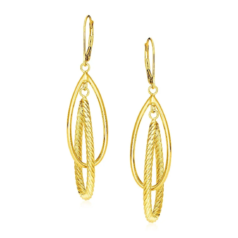 LOVCIA Luxury Elegant 14k Yellow Gold Teardrop Earrings with Polished and Textured Interlocking Design