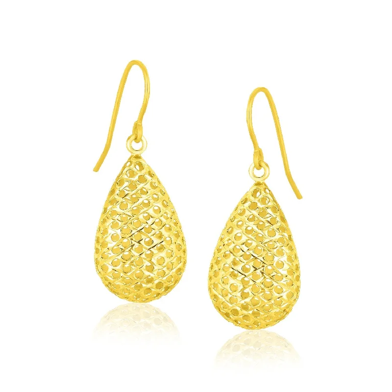 LOVCIA Luxury Large Teardrop Earrings in 14k Yellow Gold with Honeycomb Texture