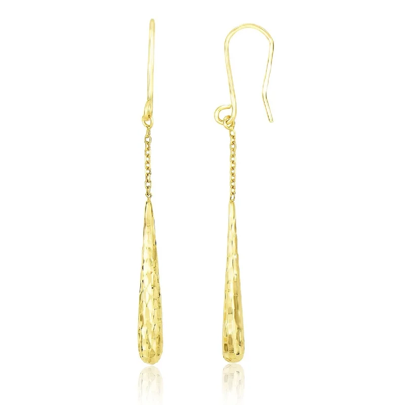 14k Yellow Gold Long Chain Drop Earrings with Diamond Cut Teardrops