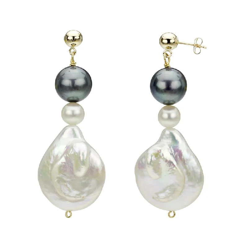 14k Yellow Gold White and Black Freshwater Pearl Drop Earrings (6-25 mm)