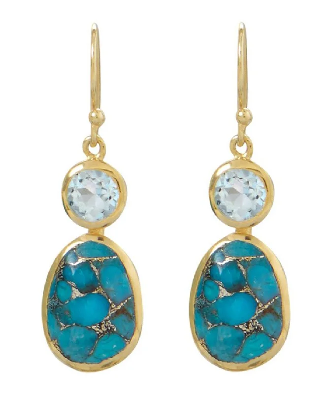 18k Gold Blue Topaz & Turquoise Drop Earrings