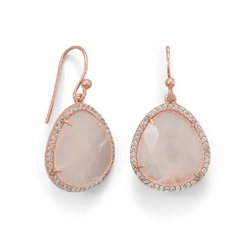 18k Rose Gold Plated Rose Quartz Oval Cz Drop Earrings