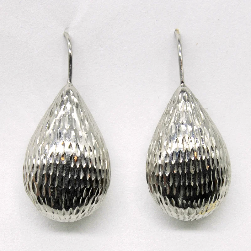 White Gold Puffed Tear Drop Earrings |