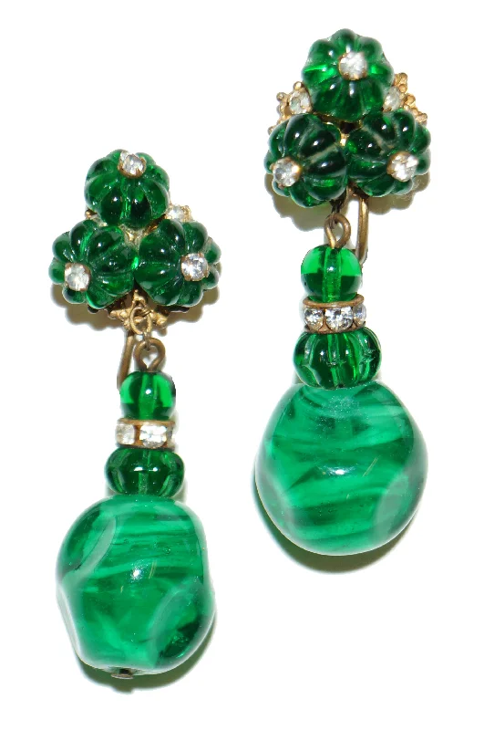 1950s Miriam Haskell Emerald Green Poured Glass and Rhinestone Drop Earrings