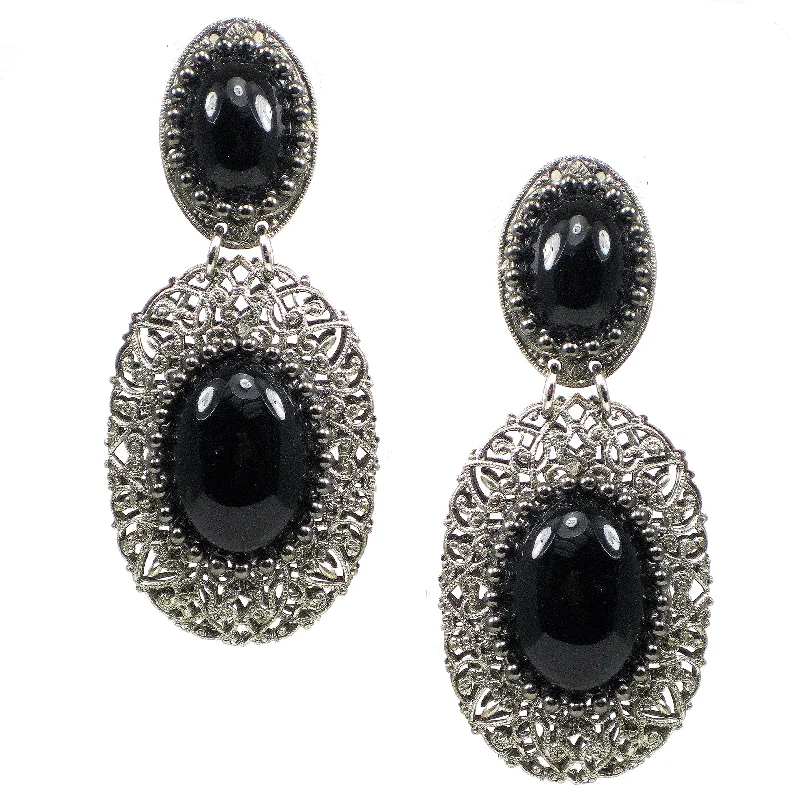 #775e Silver Tone Filigree Drop Earrings With Jet Cabochon