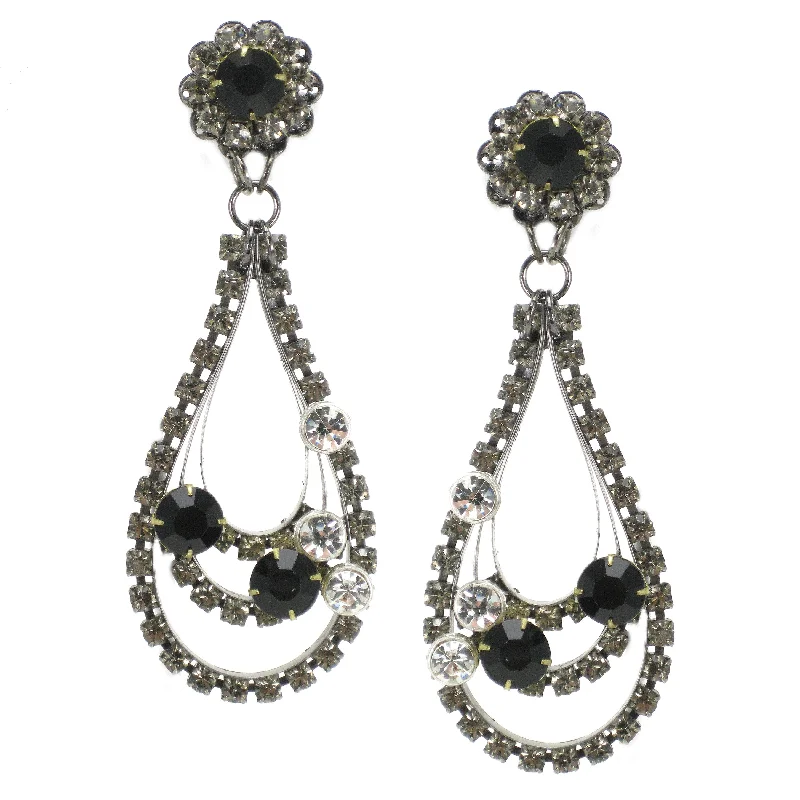 #882e Gunmetal Tone, Jet & Crystal Rhinestone Long Drop Earrings