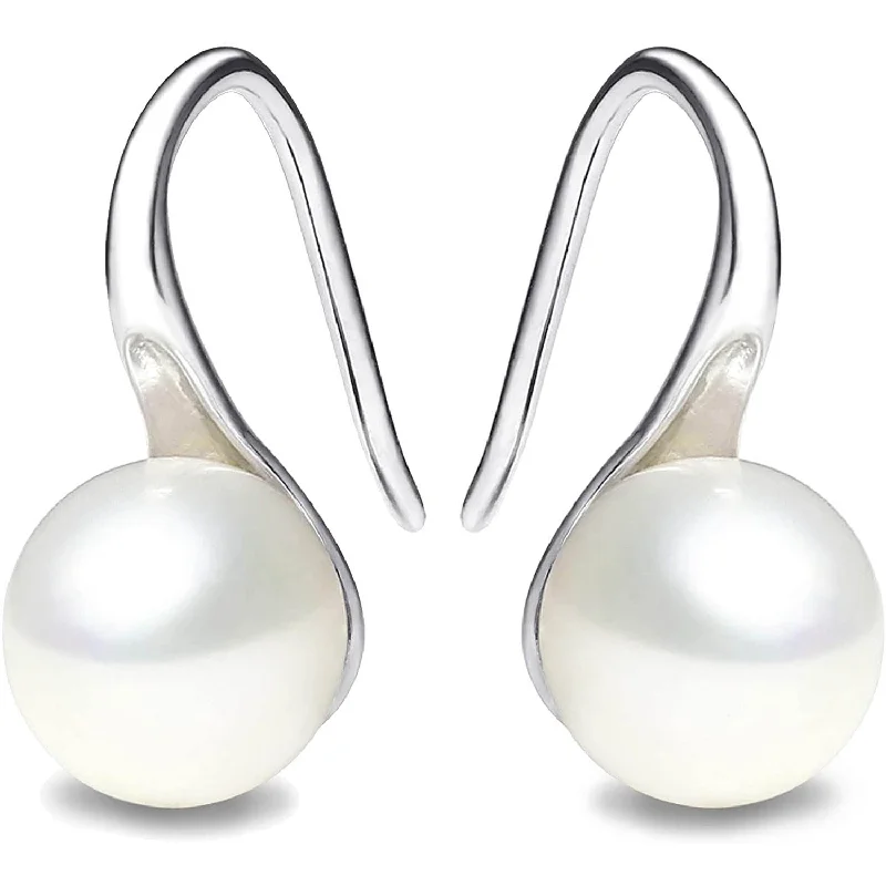 925 Sterling Silver 7.5-8mm White Freshwater Cultured Pearl Dangle Drop Earrings