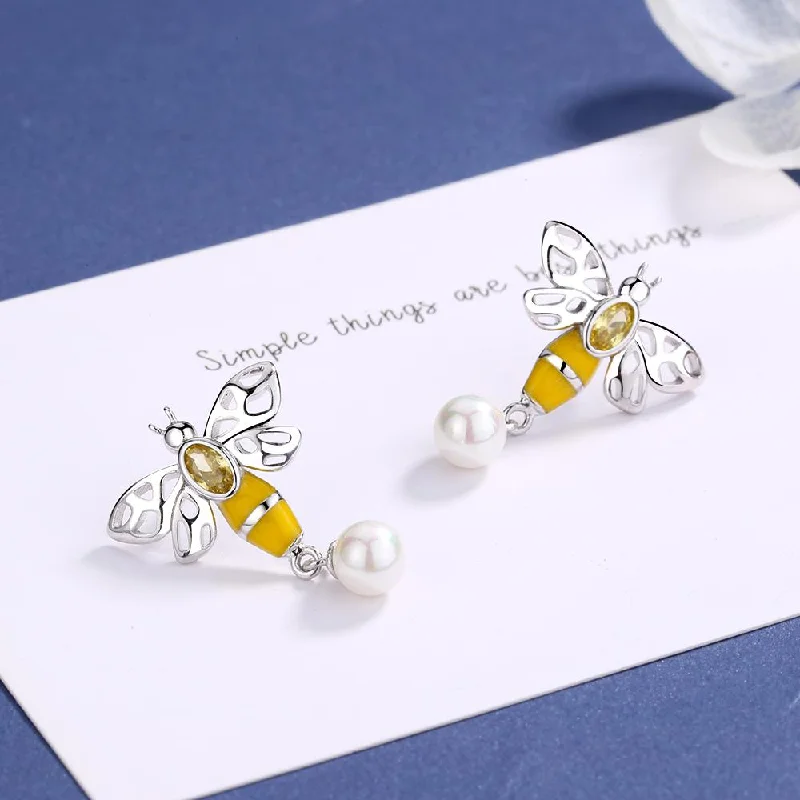 Bee Drop Earrings With Swarovski Pearl and Crystals