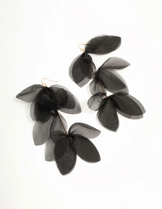 Black Chiffon Fabric Petal Leaf Drop Earrings