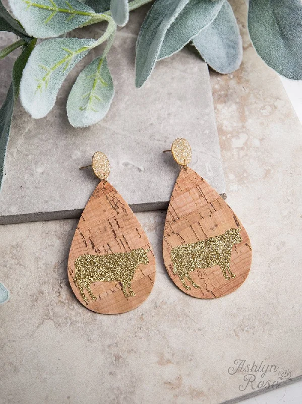 Circle Stud Cork Teardrop Earrings with Gold Glitter Steer , Copper