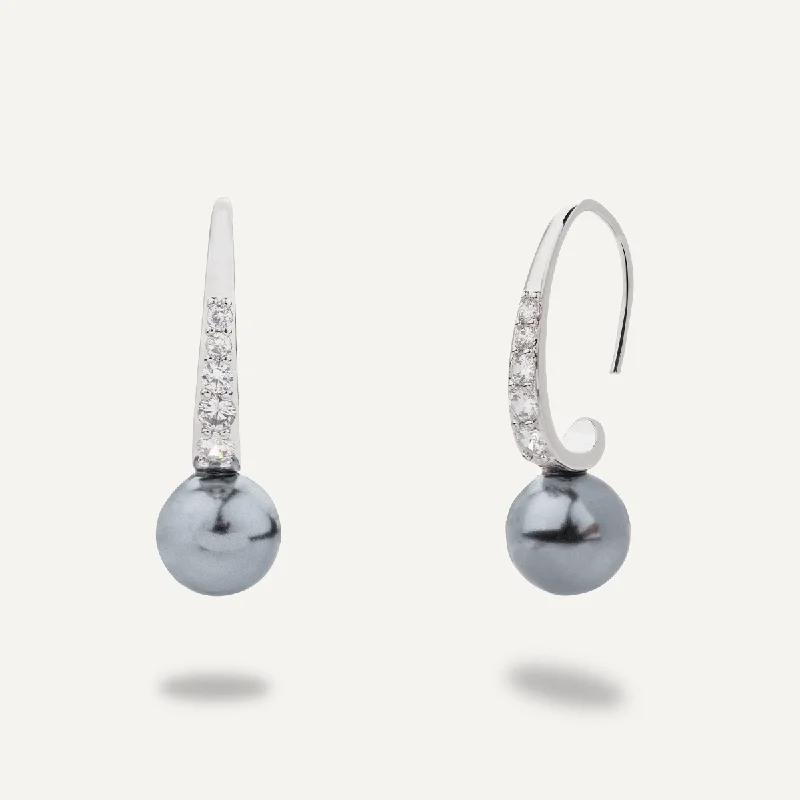 Classic Grey Pearl & Cubic Zirconia Drop Earrings In Silver-Tone