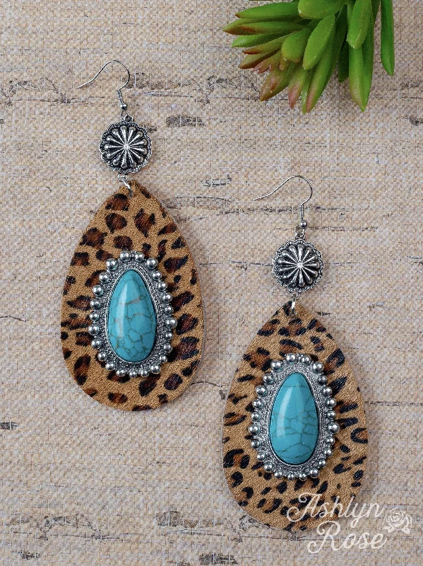 Country Cutie Teardrop Earrings with Stone, Brown Leopard