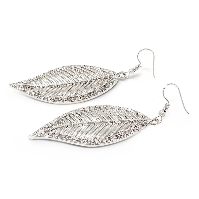 Crystal Leaf Drop Earrings Silver Tone