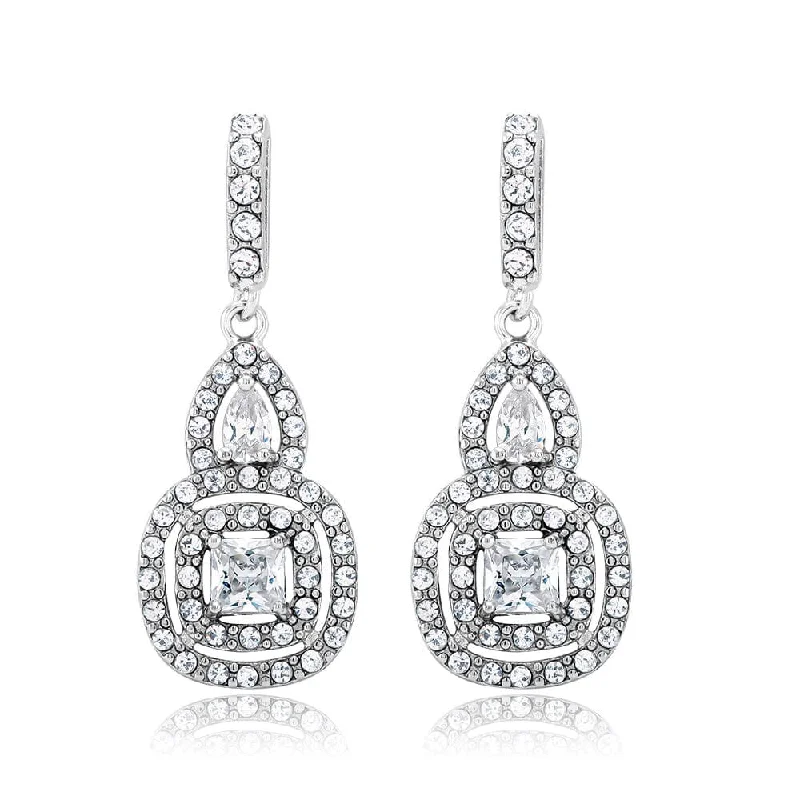 Cubic Zirconia Double Halo Drop Earrings