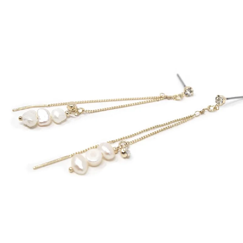 CZ and Pearl Double Strand Drop Earrings Gold T