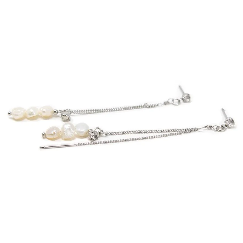 CZ and Pearl Double Strand Drop Earrings Silver T