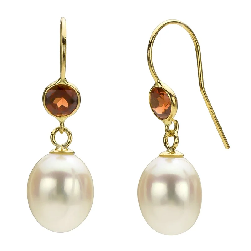 DaVonna 14k Gold 7-8 mm White Freshwater Pearl and Garnet Drop Earrings