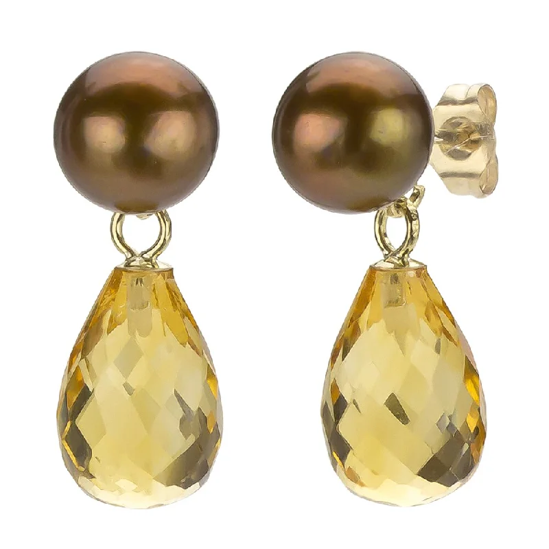 DaVonna 14k Gold Brown FW Pearl and Citrine Drop Earrings (6-6.5 mm)