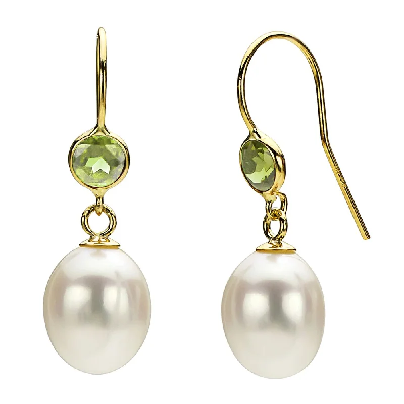 DaVonna 14k Gold White FW Pearl and Peridot Drop Earrings (7-7.5 mm)