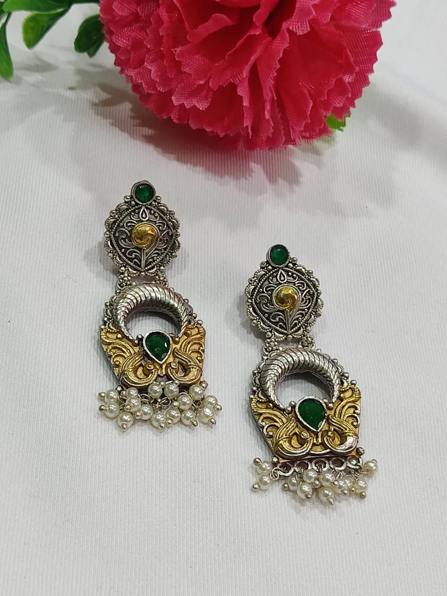 Dazzling Emerald Stone And Pearl Beaded Oxidized Dangler Earrings